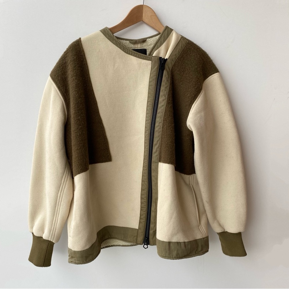 Denham : Sherpa Lined Knit + Felt Patch Asymmetric Zip Jacket : Medium